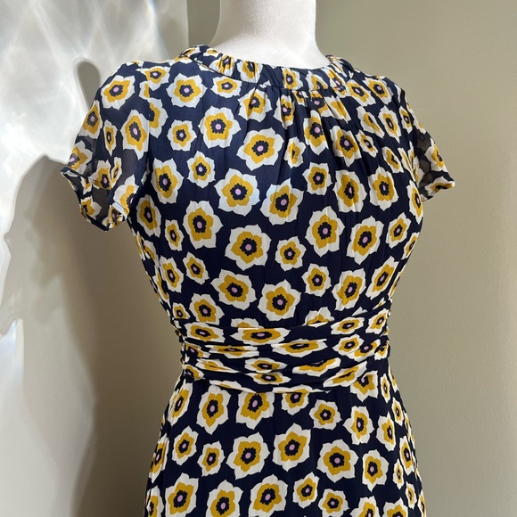 Boden Carey dress navy blue yellow flower floral print high neck silk zip up - Picture 2 of 16